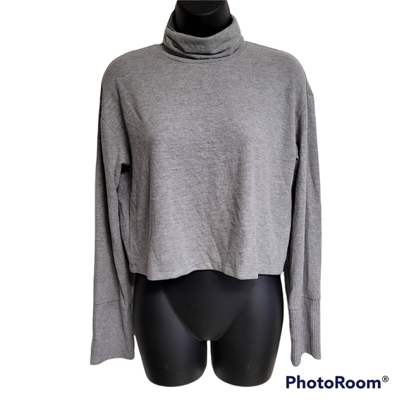 Project Social T Grey Drop Shoulder Ribbed Cuff Long Sleeve Crop Turtleneck Top - Picture 3 of 10